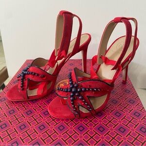 TORY BURCH NIB Seaside Sandals Red Suede Beaded 7